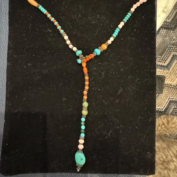 Colorful Beaded lariat Necklace 30” sterling silver and genuine stones - Picture 1 of 2